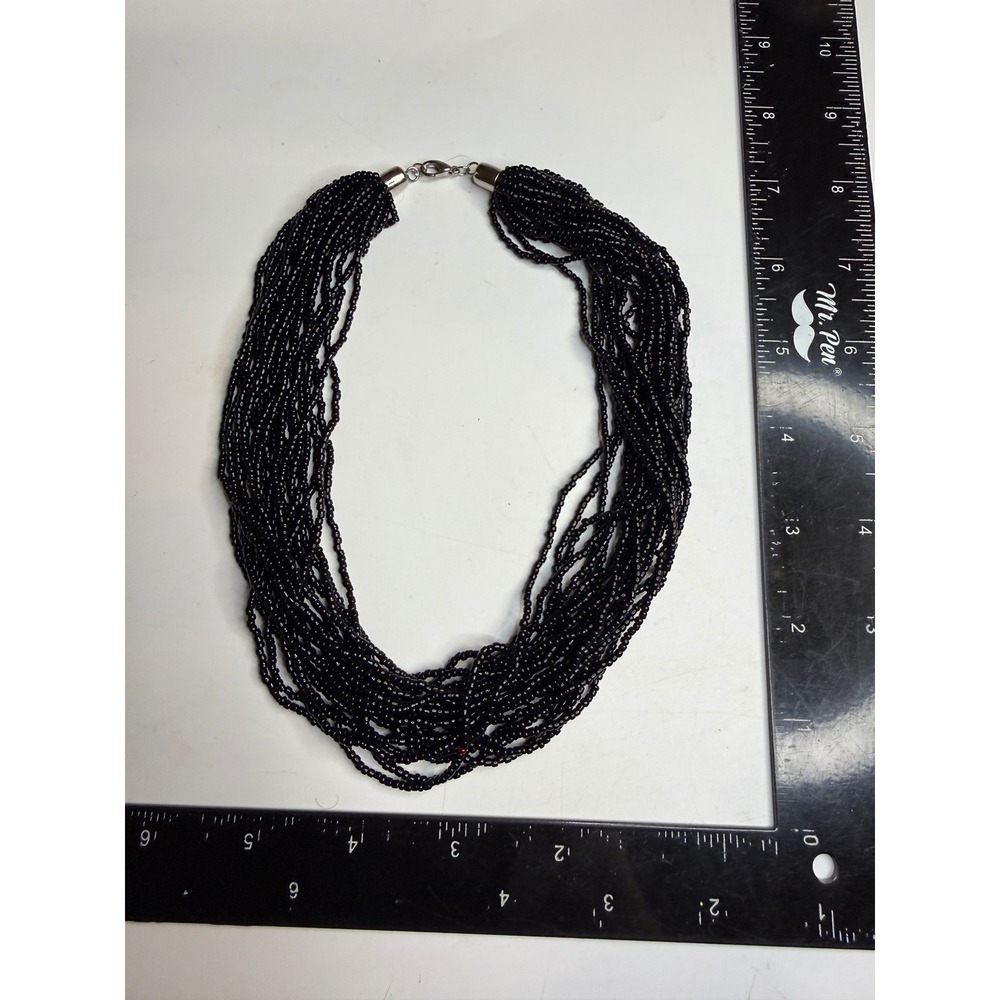 Black Multi Strand Seed Bead Statement Necklace Lobster Clasp Layered Chunky